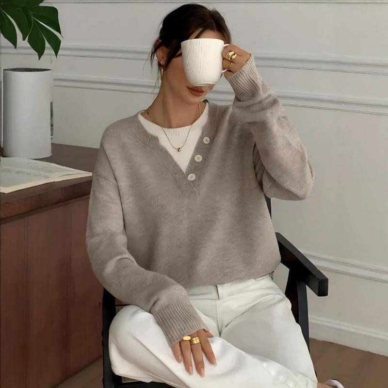 Loose Lazy V Neck Knit Sweater Fake Two Piece Casual Top