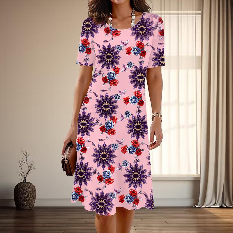 Женская мода изящный ретро узор принт лето весна короткий рукав О-образный вырез повседневные платья