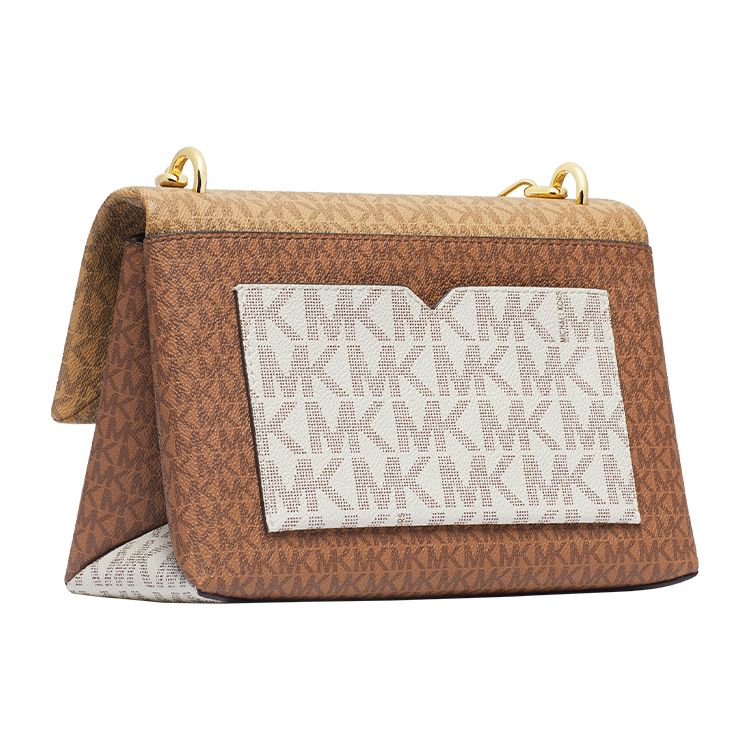 Michael Kors MK Hamilton Монограмма Дорожная Модный Дизайн Кожаная Сумка-Тоут Маленькие Женские Сумки Ванильно-Белый Желудочно-Коричневый 35F1GHMS1B-150