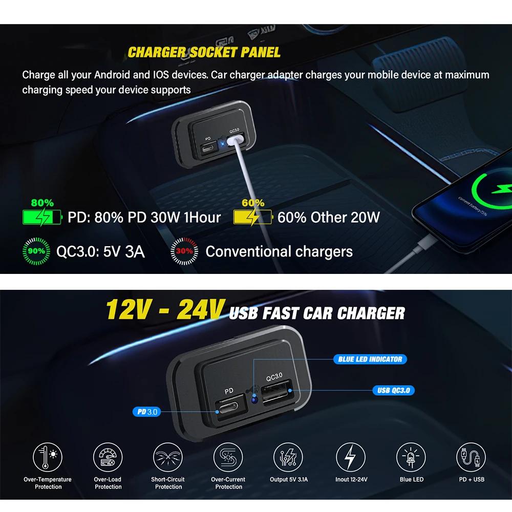 Панель розеток 12 В 24 В Двойная USB-розетка PD Type C QC3.0 Накладной монтаж со светодиодной подсветкой для автомобилей, домов на колесах, морских судов, лодок, мотоциклов, грузовиков