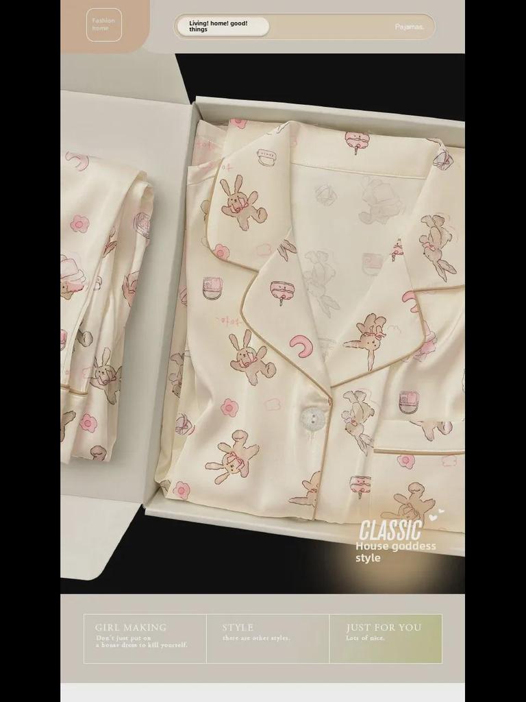 Пижамный комплект с принтом кролика «Весна и осень»: Топ с лацканами и брюки с длинными рукавами