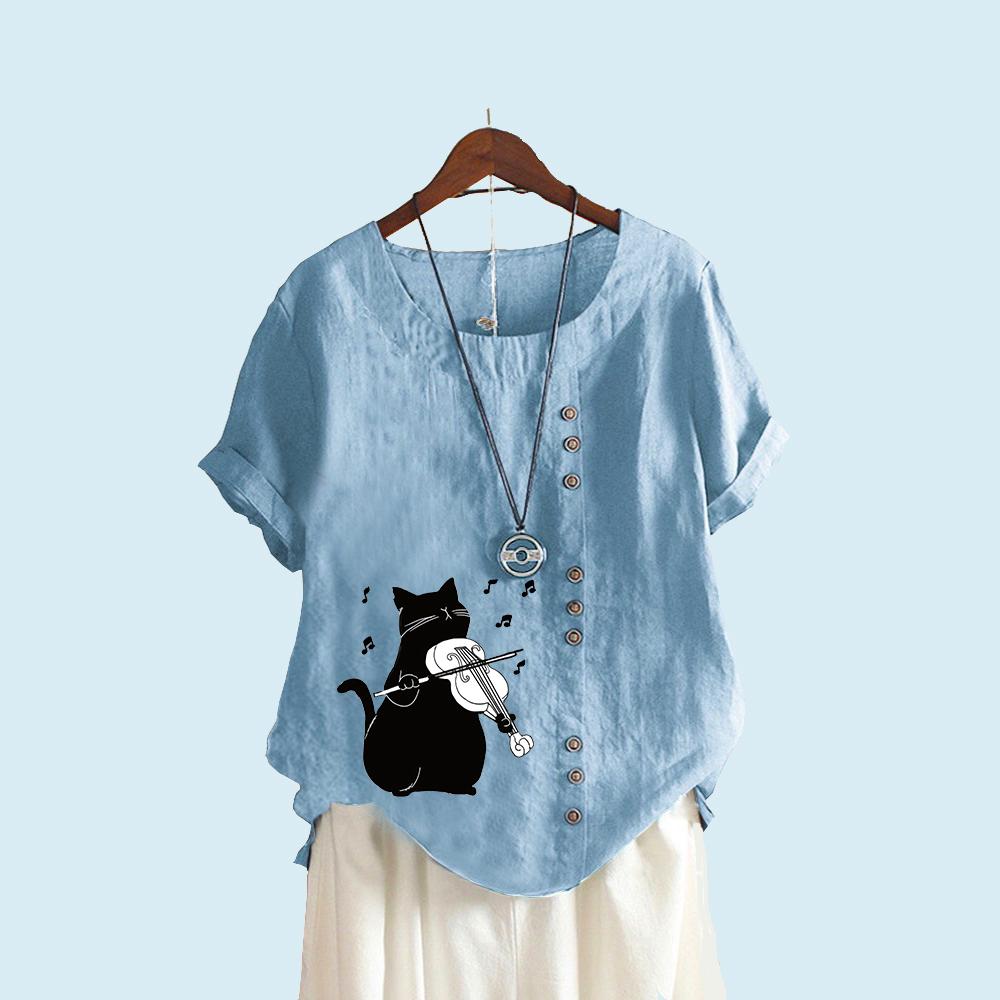 Женская модная футболка с коротким рукавом, летняя и осенняя повседневная верхняя одежда с круглым вырезом и принтом кота, пуловер, свободные хлопковые льняные блузки