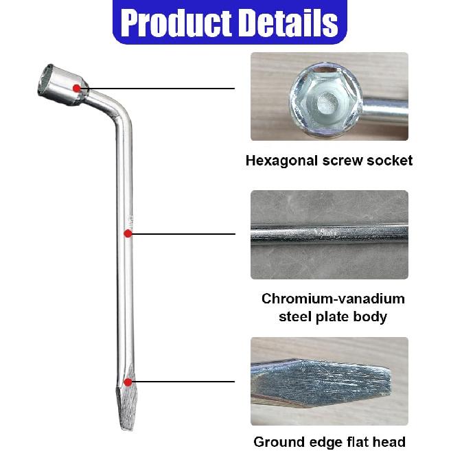 19mm Car Spare Tire Lug Wrench, L Type Automotive Tire Replacement Tool with Hexagon Slotted End, Universal Steel Vehicle Socket Repair Accessories