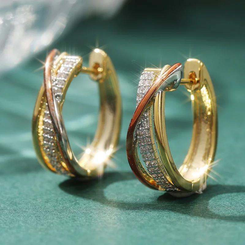 Роскошные Женские Двурядные Серьги-кольца с Дизайном из Синтетических Цирконов Изысканные Позолоченные Повседневные Универсальные Ювелирные Изделия Подарки