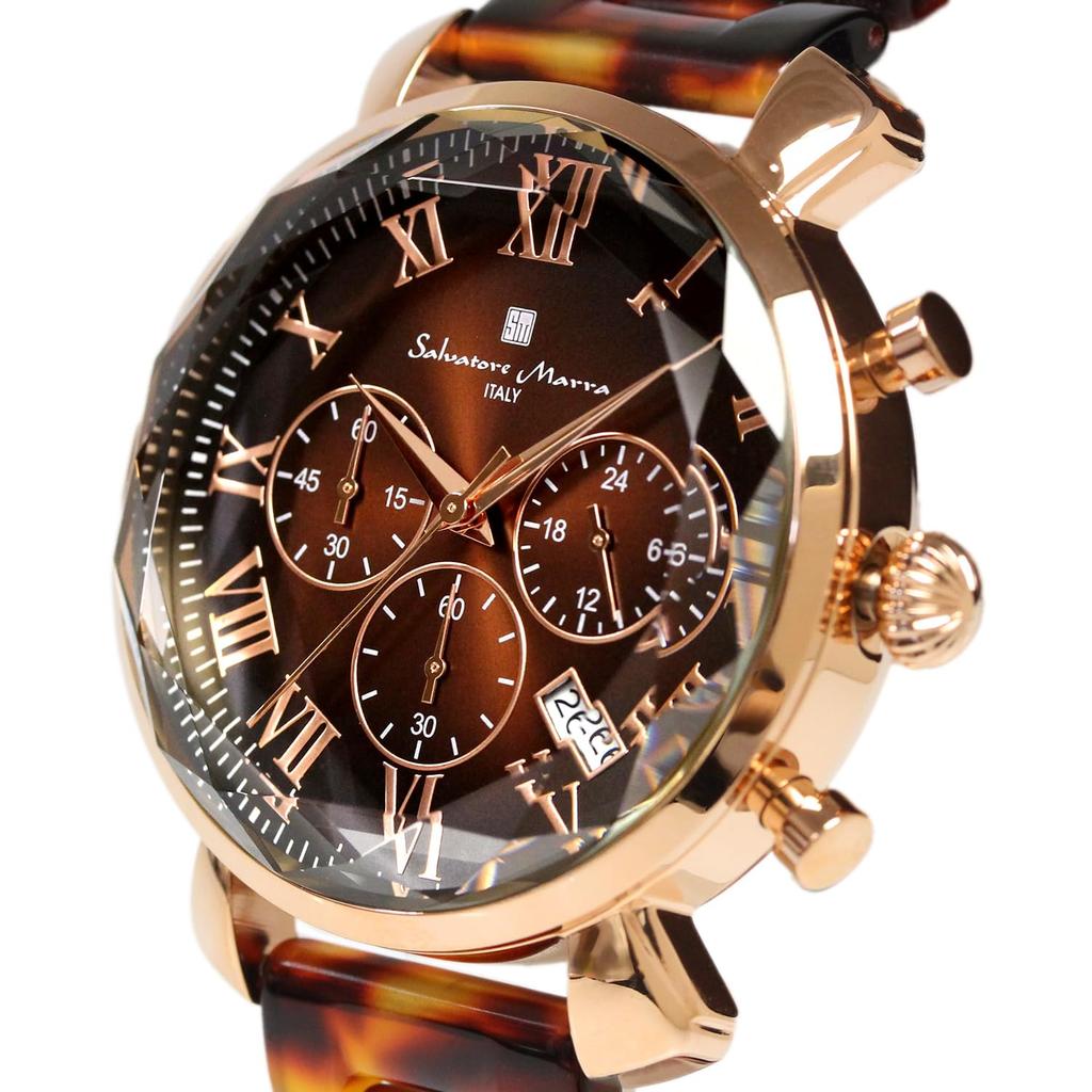 Salvatore Marra Men's Brown Watch, SM19104A-PGBR, Faceted Glass Chronograph with Acetate Strap and Gradient Design