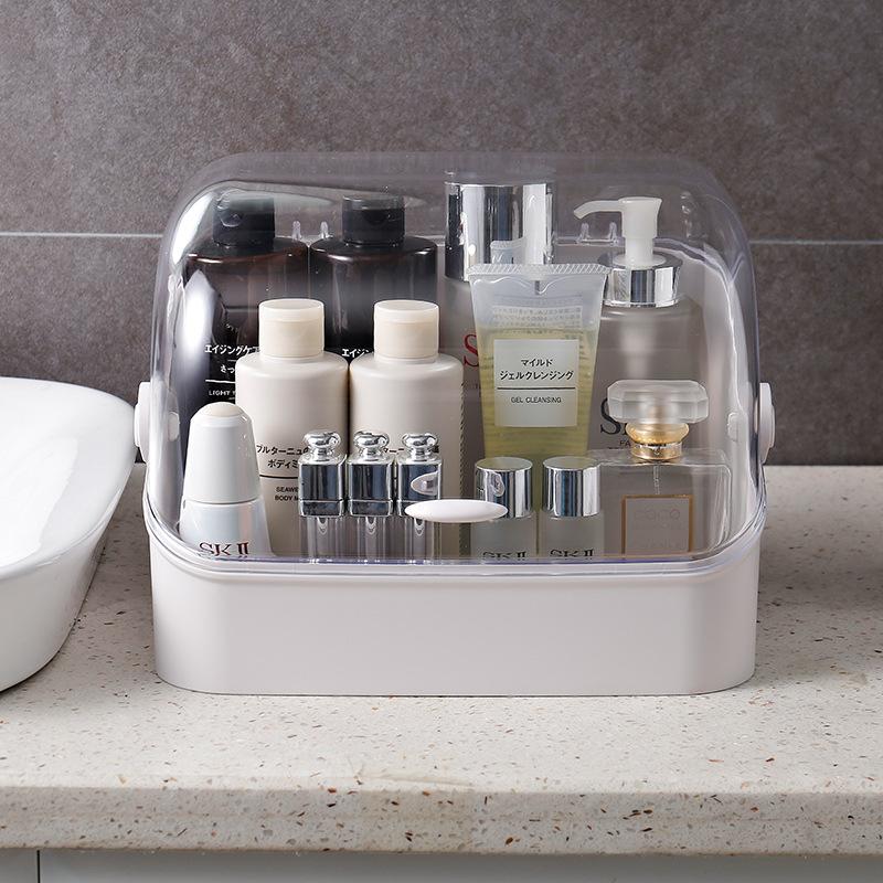 Водонепроницаемый и пылезащитный косметический органайзер для хранения с портативной ручкой и крышкой, полностью открытый для ванной комнаты, комод на столешнице