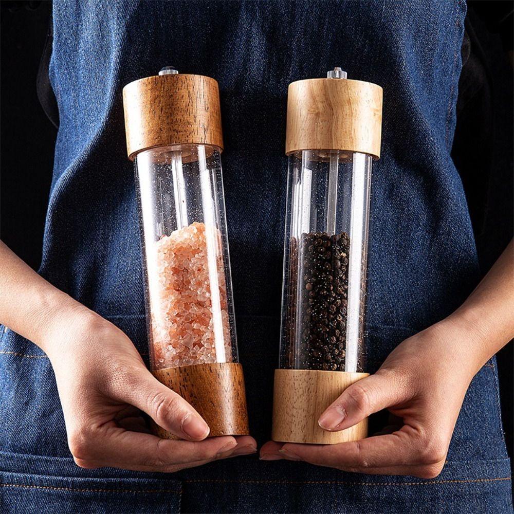 Adjustable Natural Wooden Acrylic Sea Salt Jar Salt and Pepper Mill Kitchen Tool Spice Grinder