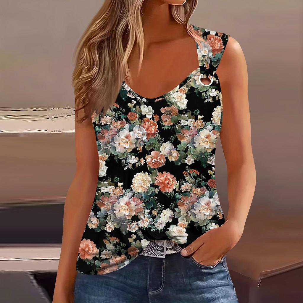 Womens Tank Top V Neck Basic Printed Casual Flowy Sleeveless Deep Side Cut Tops For Women