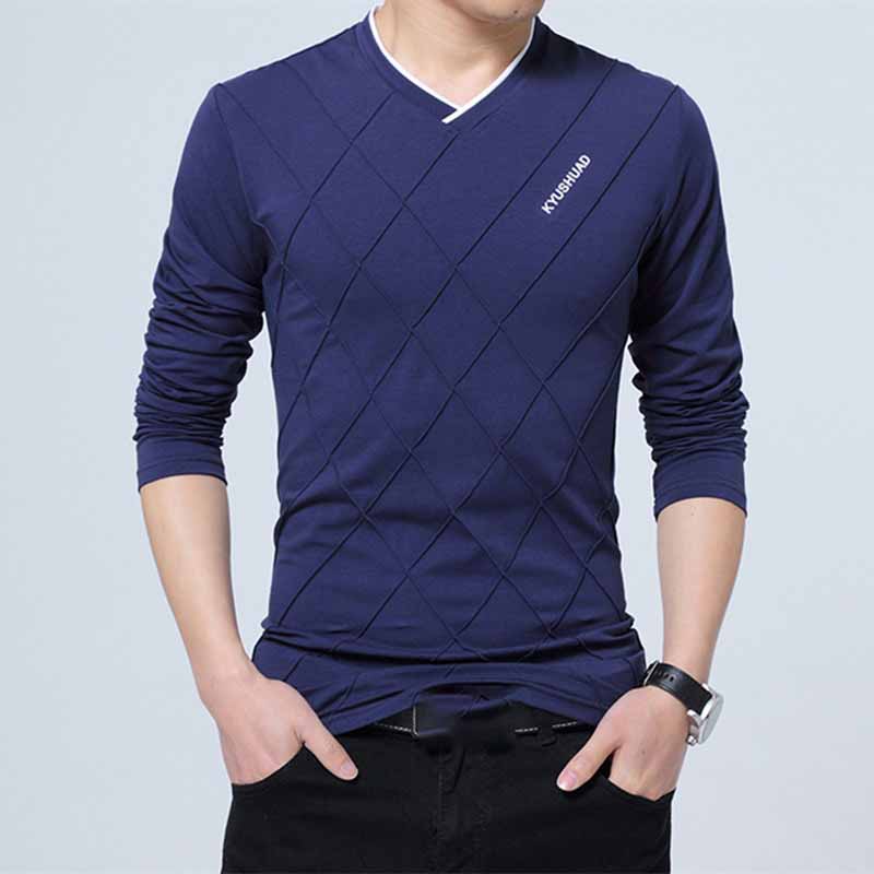 Мужская футболка больших размеров с V-образным вырезом и длинными рукавами, однотонная, весна-осень, облегающая рубашка