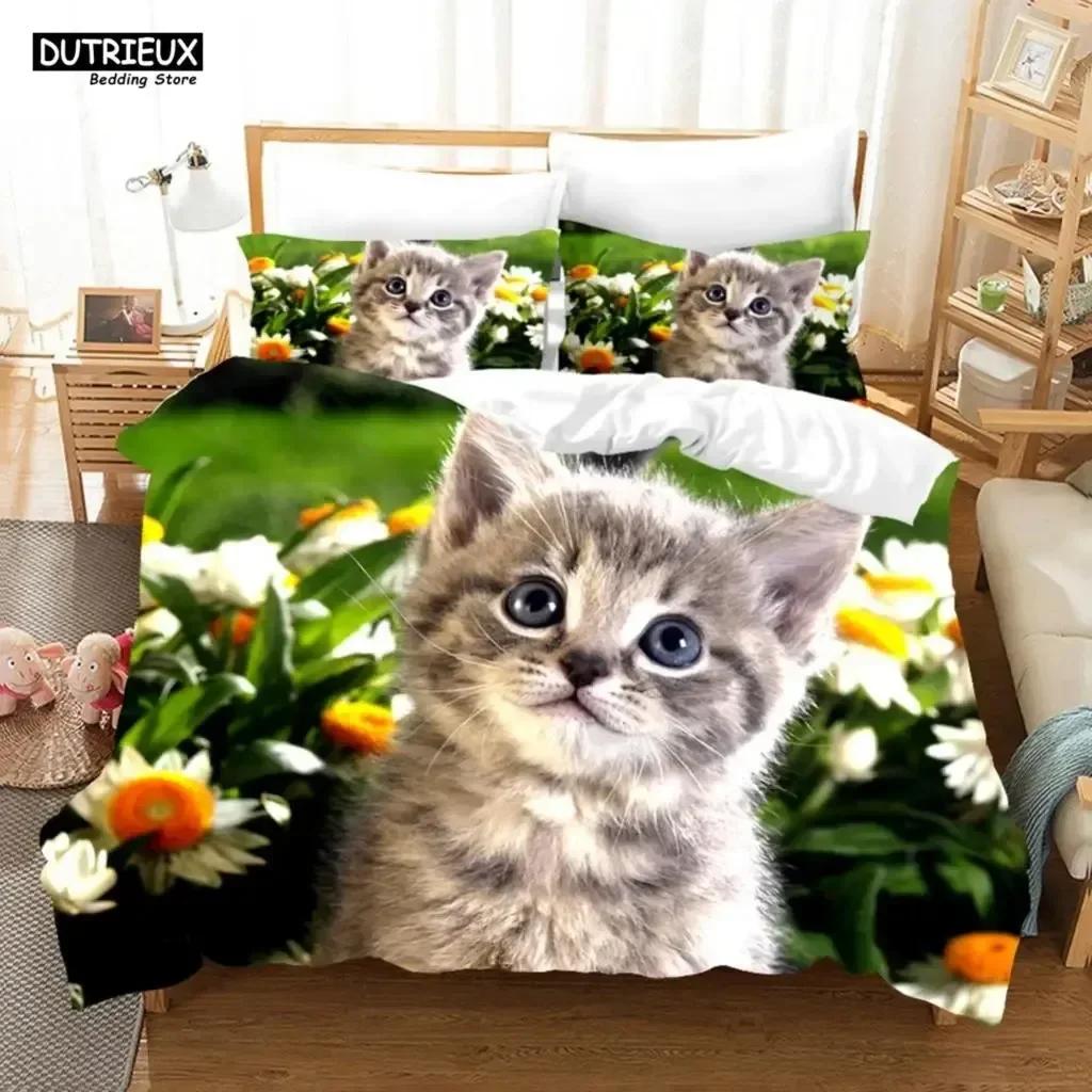Очаровательный Прекрасный Котёнок Белый Черный Комплект Постельного Белья 3D Печать Подходит для Спальни Мягкое Пододеяльник с Наволочками Детский Детский Домашний Текстиль