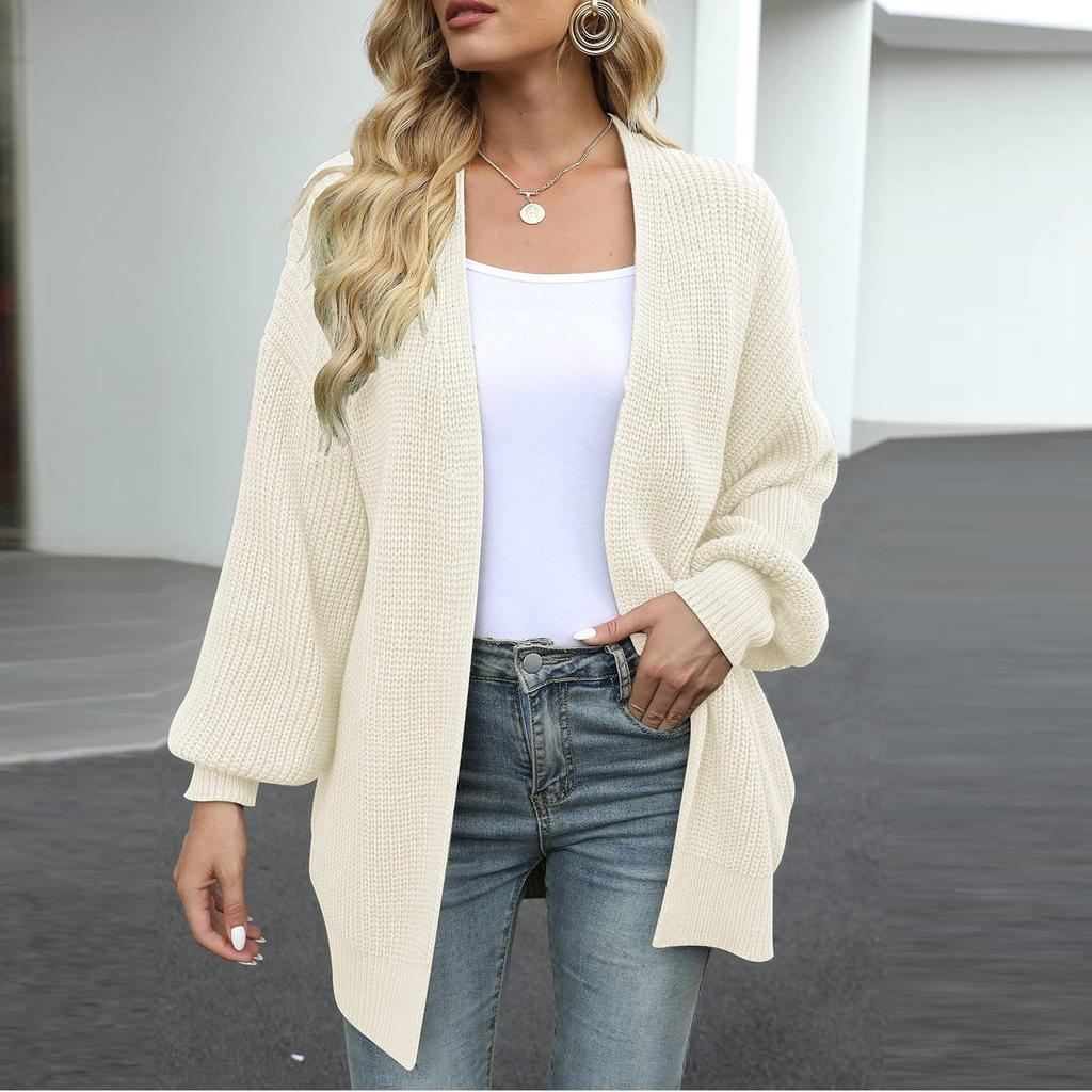 Women's Solid Color  Sleeve Coarse Wool Pocket Knitted Cardigan Sweater Sweater For Women