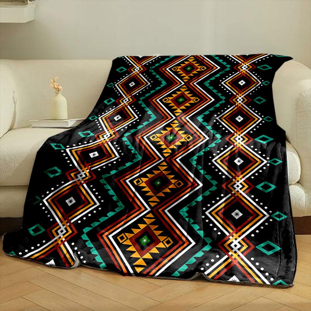 Geometric diamond shapes with angular lines and vibrant tribal colors. for all seasons blanket lunch break throw gift