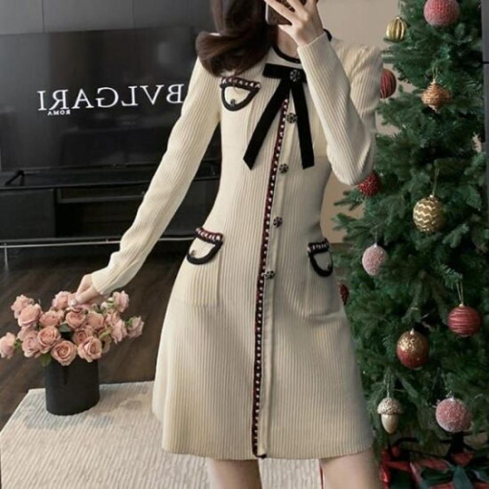 Navava Women Vintage Long Sleeve Mini Knit Dress No852