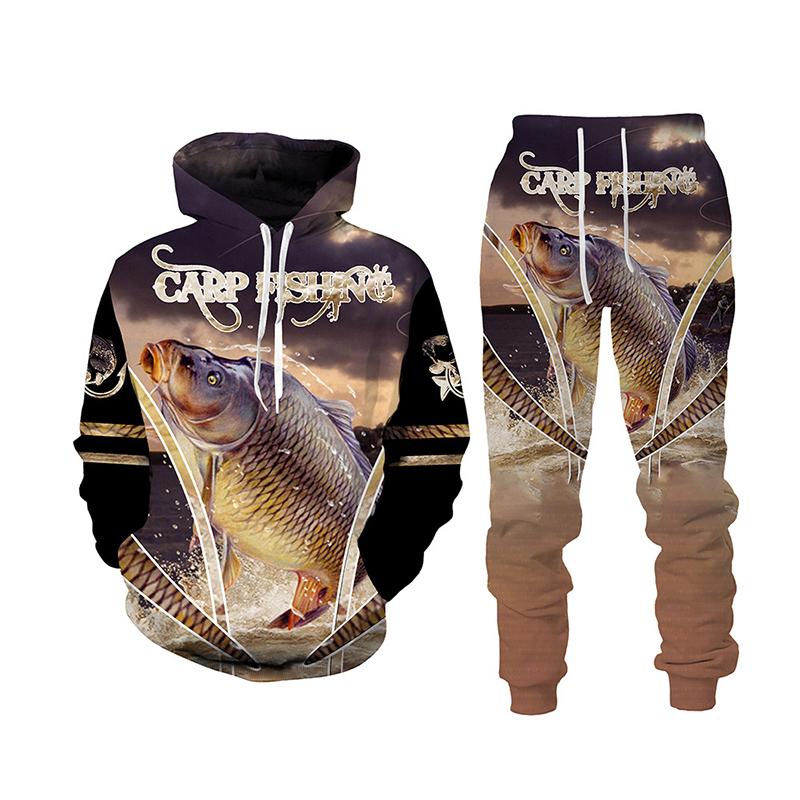 Весна-Осень с 3D принтом рыбы для мужчин и женщин толстовка + брюки комплекты из 2 предметов камуфляжная одежда для рыбалки, охоты и кемпинга модная спортивная одежда на открытом воздухе комплект