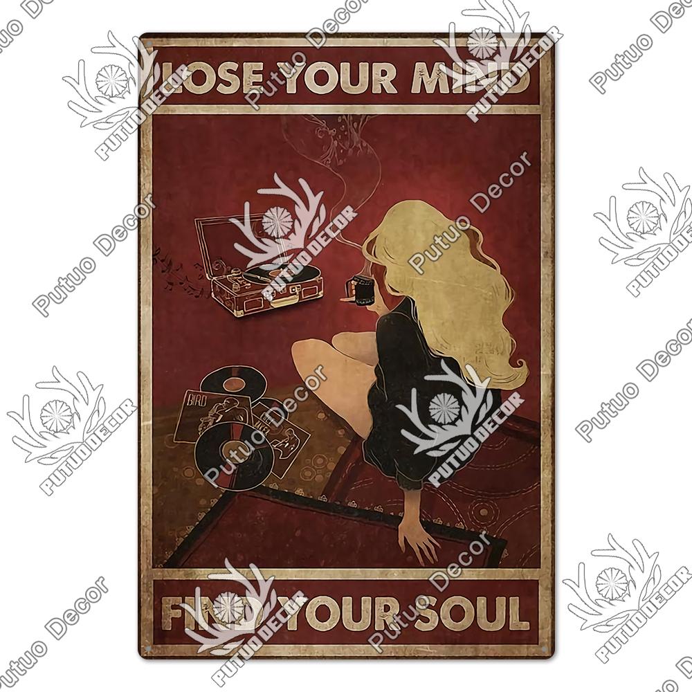 Putuo Decor Забавная кошка Жестяная табличка Девочки Цветы Винтажная табличка Металлическая табличка Ретро Скелет для сада Фермы Домашнее украшение Настенный декор