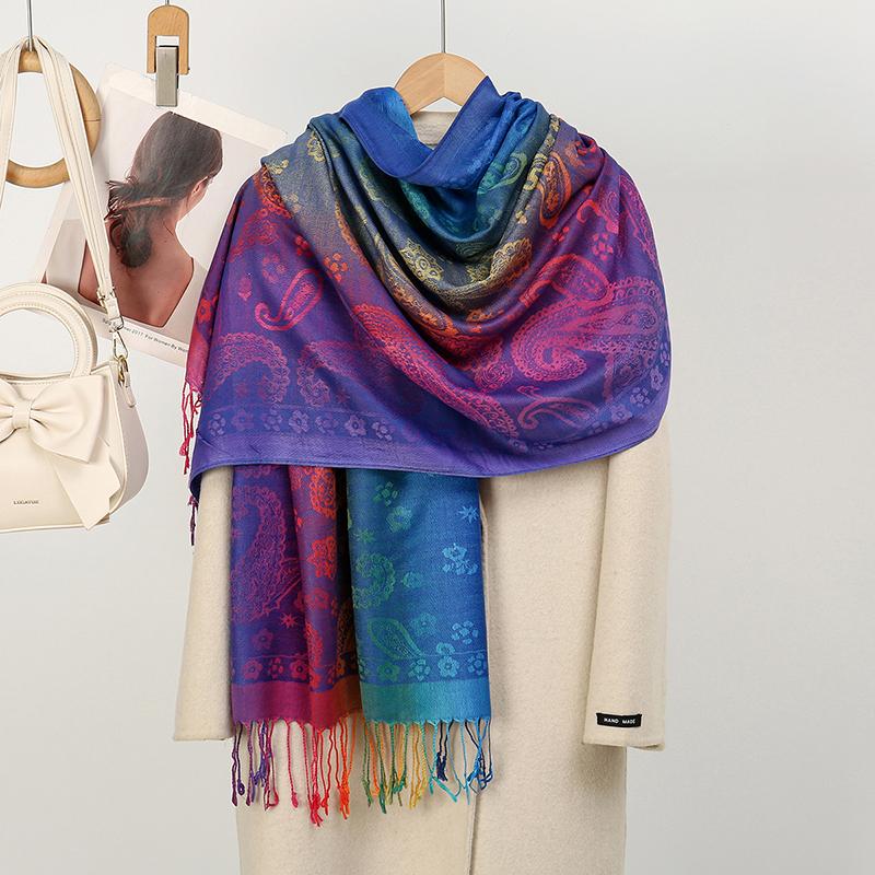 Boho Elegant Jacquard Pashmina Imitation Cashmere Scarf Winter Thick Warm Rainbow Color Shawl Wrap Coldproof Blanket Scarf Stole