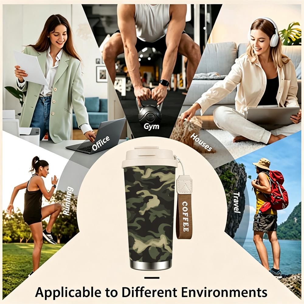 Camo Pattern Stainless Steel Insulated Coffee Tumbler, Vacuum Travel Mug, Reusable Leakproof Cup for Commuting Hiking Sports