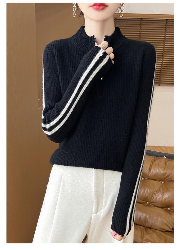 Women's Slimming Cashmere Pullover Sweater with Half-Zip Collar - Versatile Autumn/Winter Knitwear