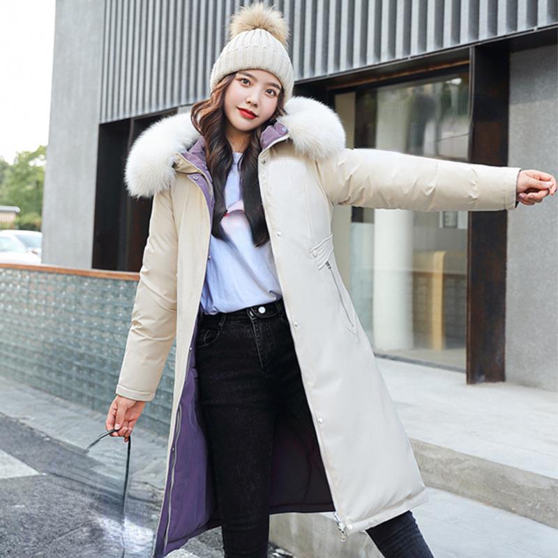 Зимняя мода с капюшоном, большим меховым воротником, мягкие длинные парки, пуховое хлопковое теплое пальто, водонепроницаемая ветровка, куртка, носить с обеих сторон
