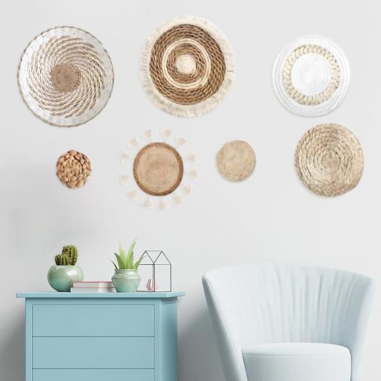 7Pcs/Set Bohemian Straw Woven Wall Decoration Home Office Living Room Bedroom Background Wall Art Rustic Natural Wicker Weave Ornament