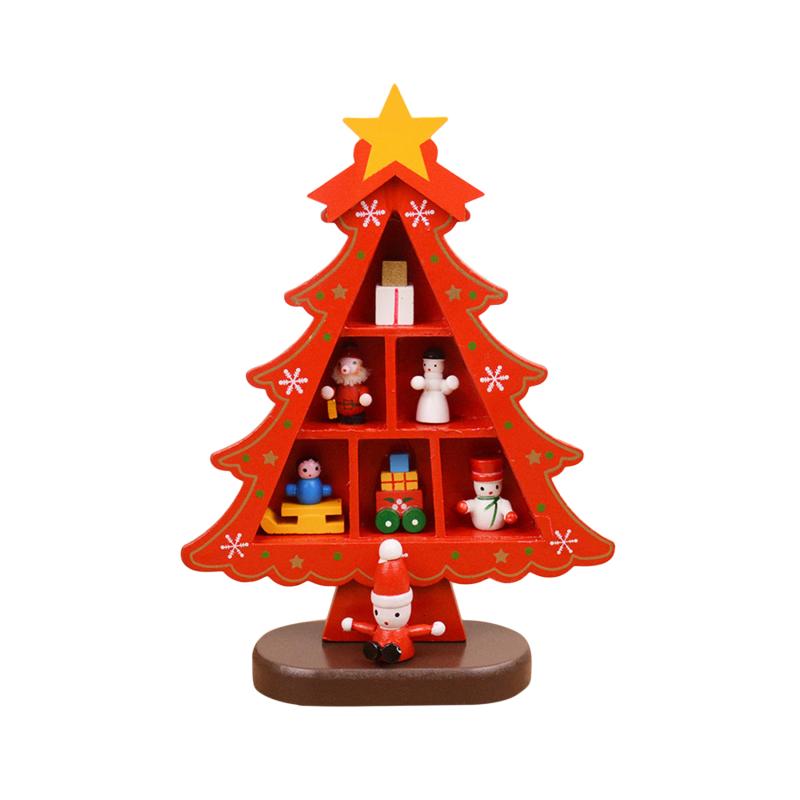 1PC Wooden Christmas Tree Creative Scene Layout Ornaments 3D Red Xmas Table Desktop Decoration Christmas Supplies