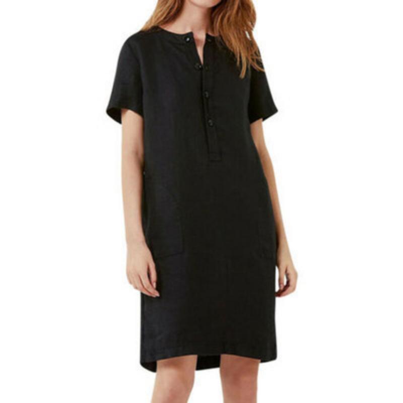 Women's Summer Cotton Linen Midi Dress, Loose V Neck Button Front Short Sleeve Casual Dress with Pockets