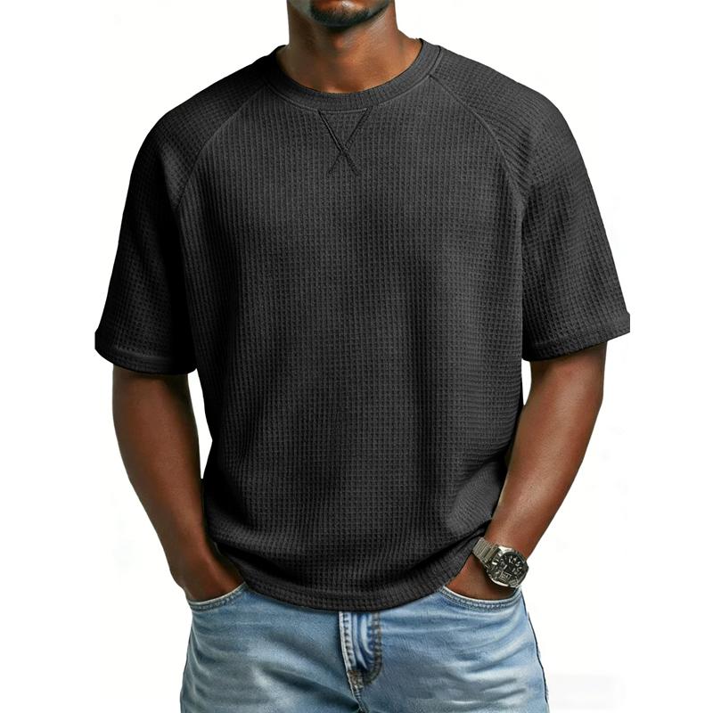 Men Casual T Shirt Waffle Knit Loose Fit T Shirts for Man Solid Color Short Sleeve Tee Oversized Fit Textured Fabric Crew Neck