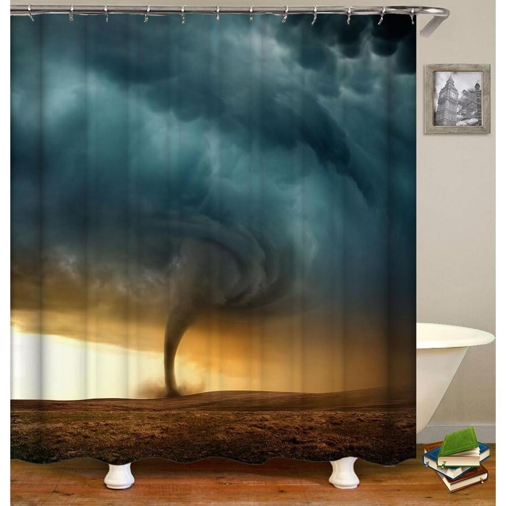 Dark Clouds in The Sky Natural Disasters Grassland Desert Tornado Background Shower Curtain Sets for Bathroom Fabric Machine Was