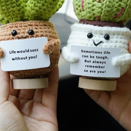 Positive Crochet Ball Cactus with Encouraging Card Emotional Support Handmade Knitting Potted Succulent Doll Toy Decoration Ornament