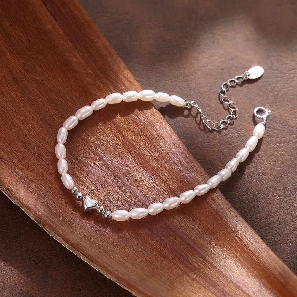 Sweet Pearl Beaded Bracelet Minimal Freshwater Pearl Heart 925 Sterling Silver Adjustable Chic Jewelry for Women