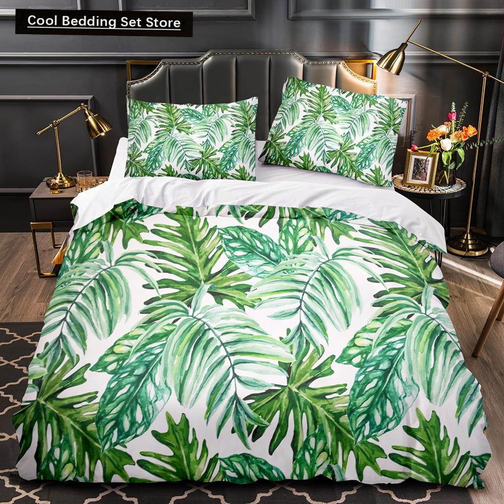 Тропические растения Цветочный пододеяльник King Queen Комплект постельного белья с зелеными пальмовыми листьями Кремовые цветы 2/3 шт. Полиэстеровый пододеяльник