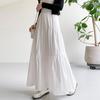 Women Maxi Skirt Elastic High Waist Ruffle Stitching Large Hem Long Skirt Solid Color A-Line Summer Casual Skirt