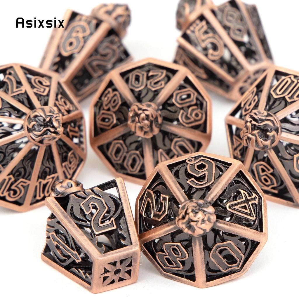 7 Pcs Copper Flame Metal Dice Hollow Metal Polyhedral Dice Set Suitable for Role-Playing RPG Board Game Card Game