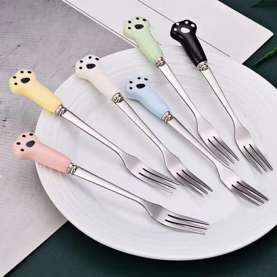Вилка для торта, вилка в виде мультяшного кота, новинка, гладкие края, керамическая ручка, вилка для фруктов, десертов, лапши