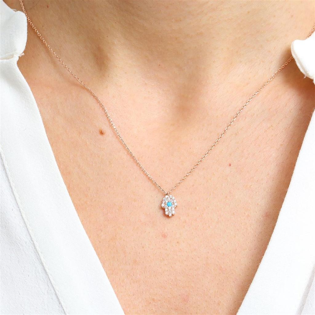 Firuze Detail Sparkling Fatima Hand Rose Color Silver Necklace