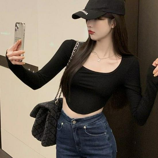 2023 Осень Женский Укороченный Топ из Ледяного Шелка для Похудения - Футболка с Длинным Рукавом