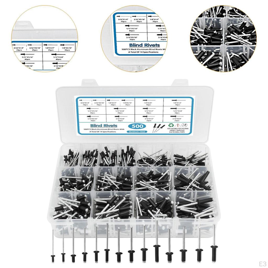 500Pcs Blind Rivets 3/32" 1/8" 5/32" 3/16" 1/4" SAE Open End Assorted Rivet Set for