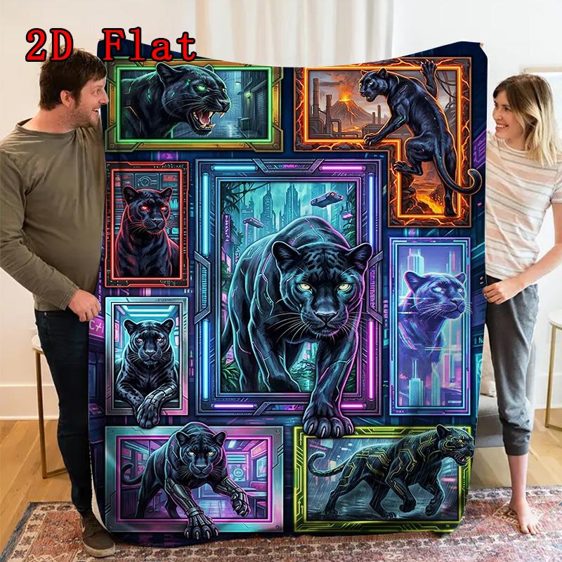 Cyberpunk Panther Portraits 2D Flat Pattern Flannel Blanket, High quality All Seasons, Home Decor, Warmth and Comfort, Perfect for Christmas Gifts.