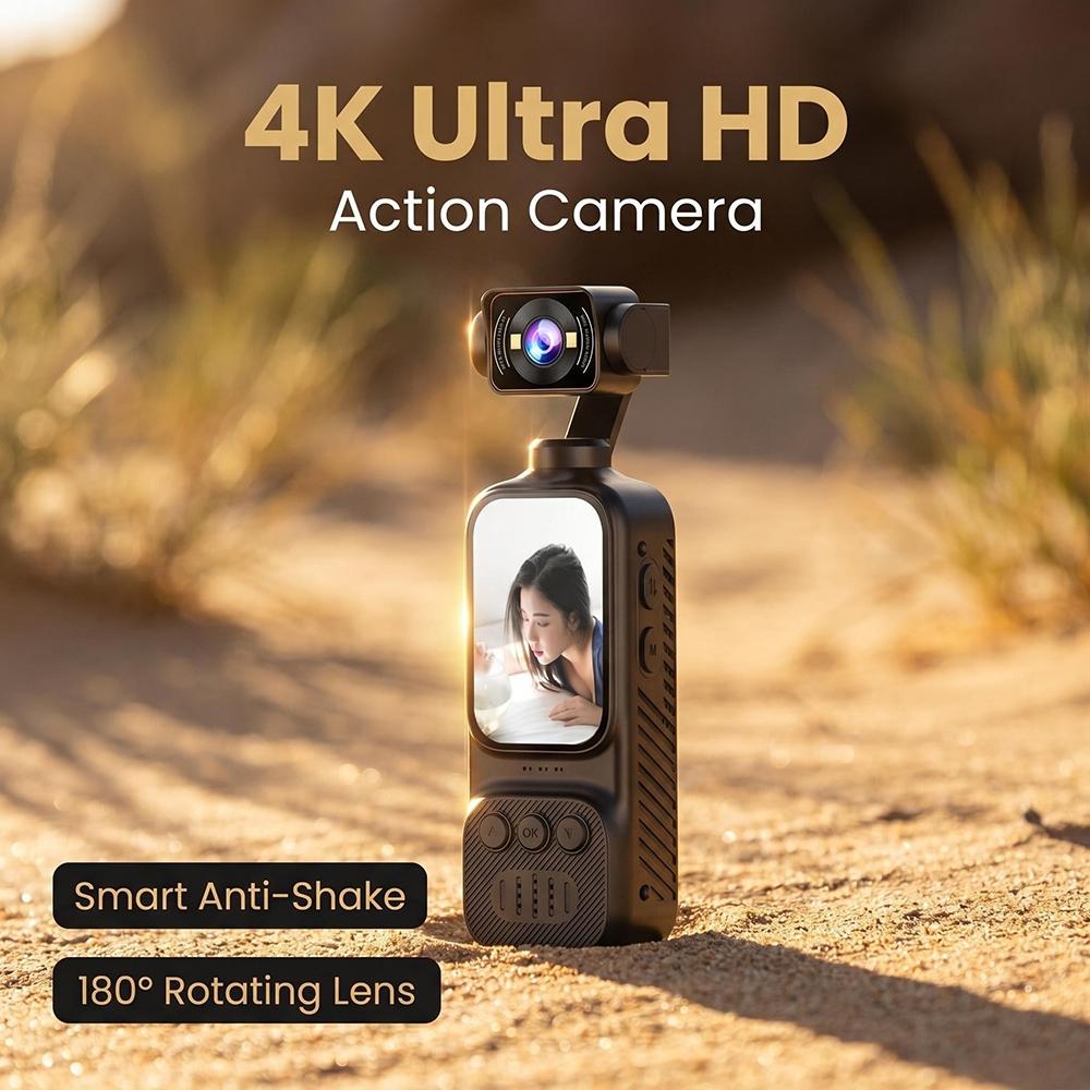4K Ultra HD Ручная Экшн-Камера 180° Поворотный Объектив WiFi Камера для Влогов с Ночным Видением Стабилизацией для Записи на Открытом Воздухе Велосипеде Путешествиях