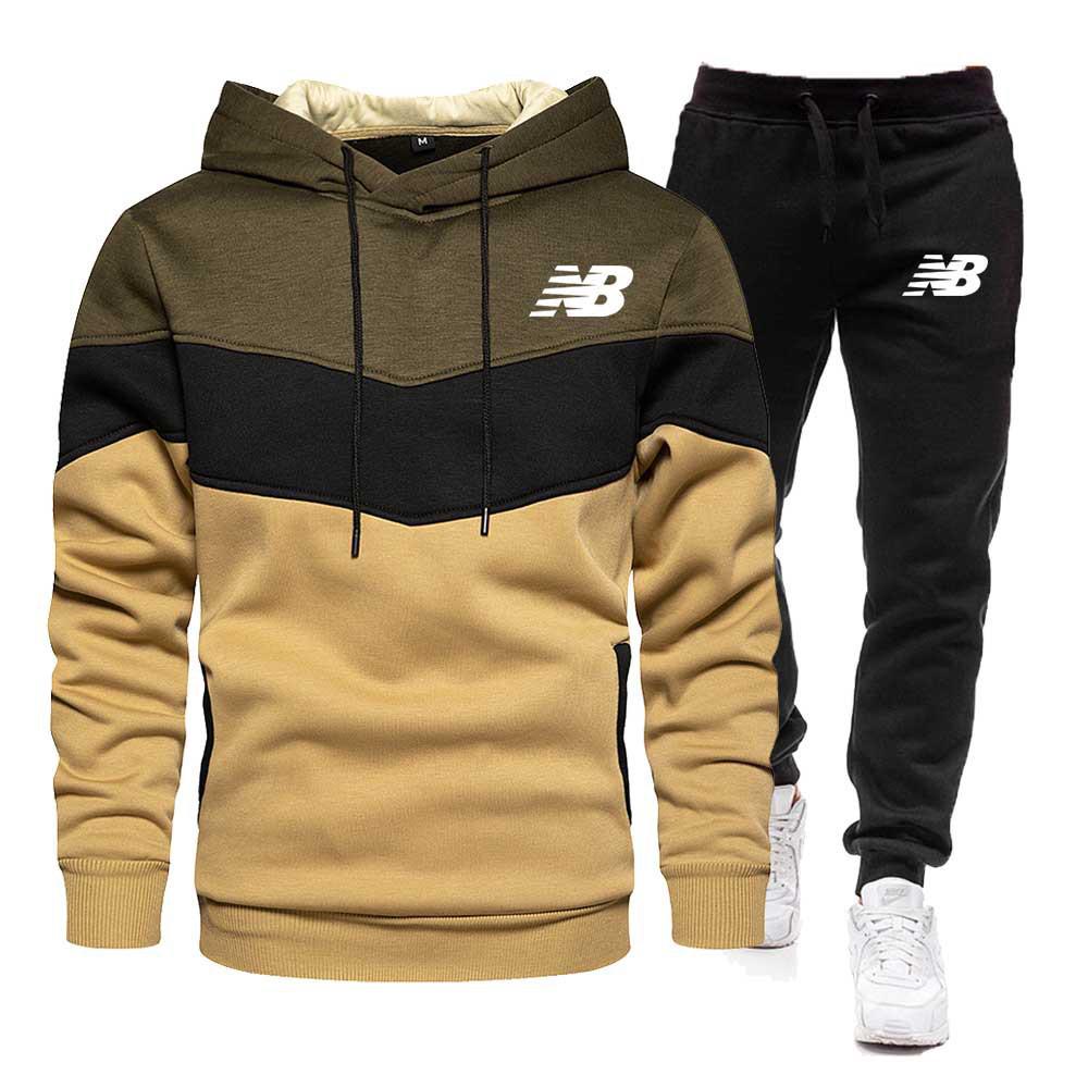 Men's Color-Block Hooded Sweatshirt & Sweatpants Set for Spring and Autumn