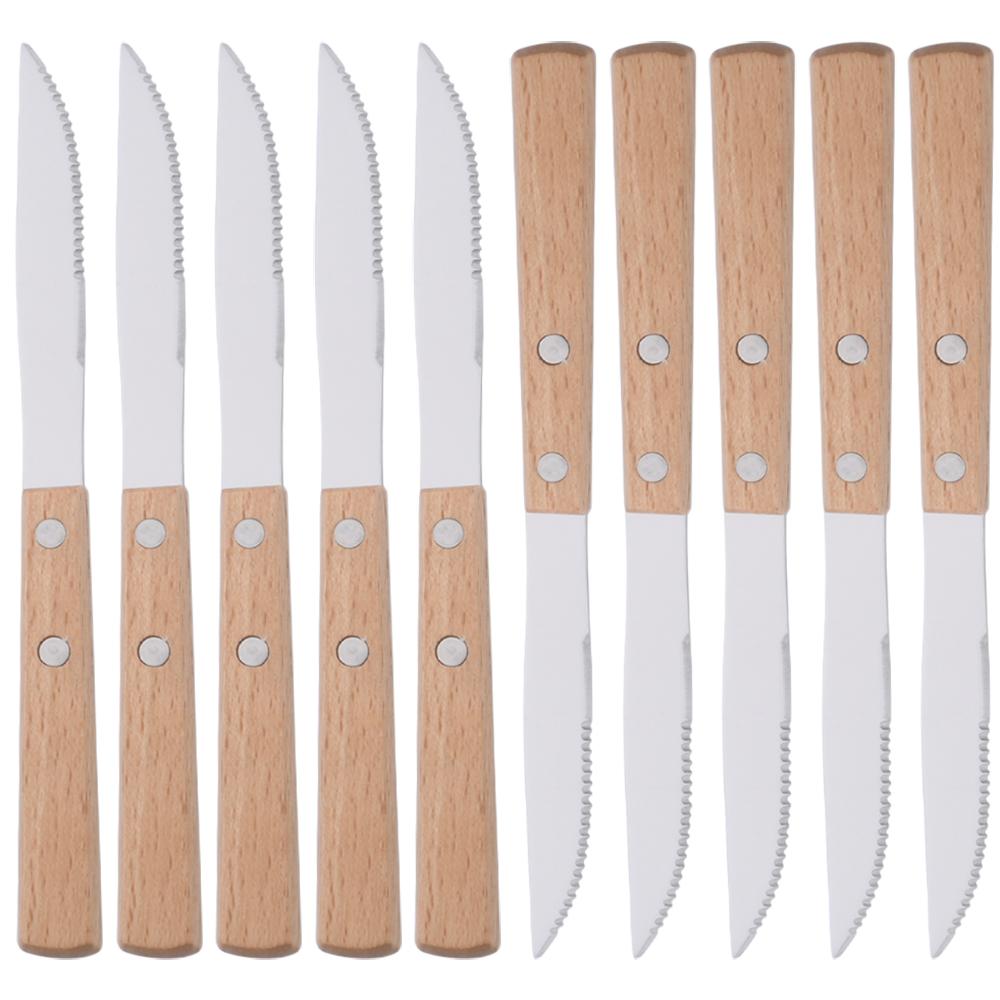 6/10Pcs Flatware Set Natural Wood Handle Steak Knives Cutlery Stainless Steel Dinner Knife Dinnerware Kitchen Silverware Set