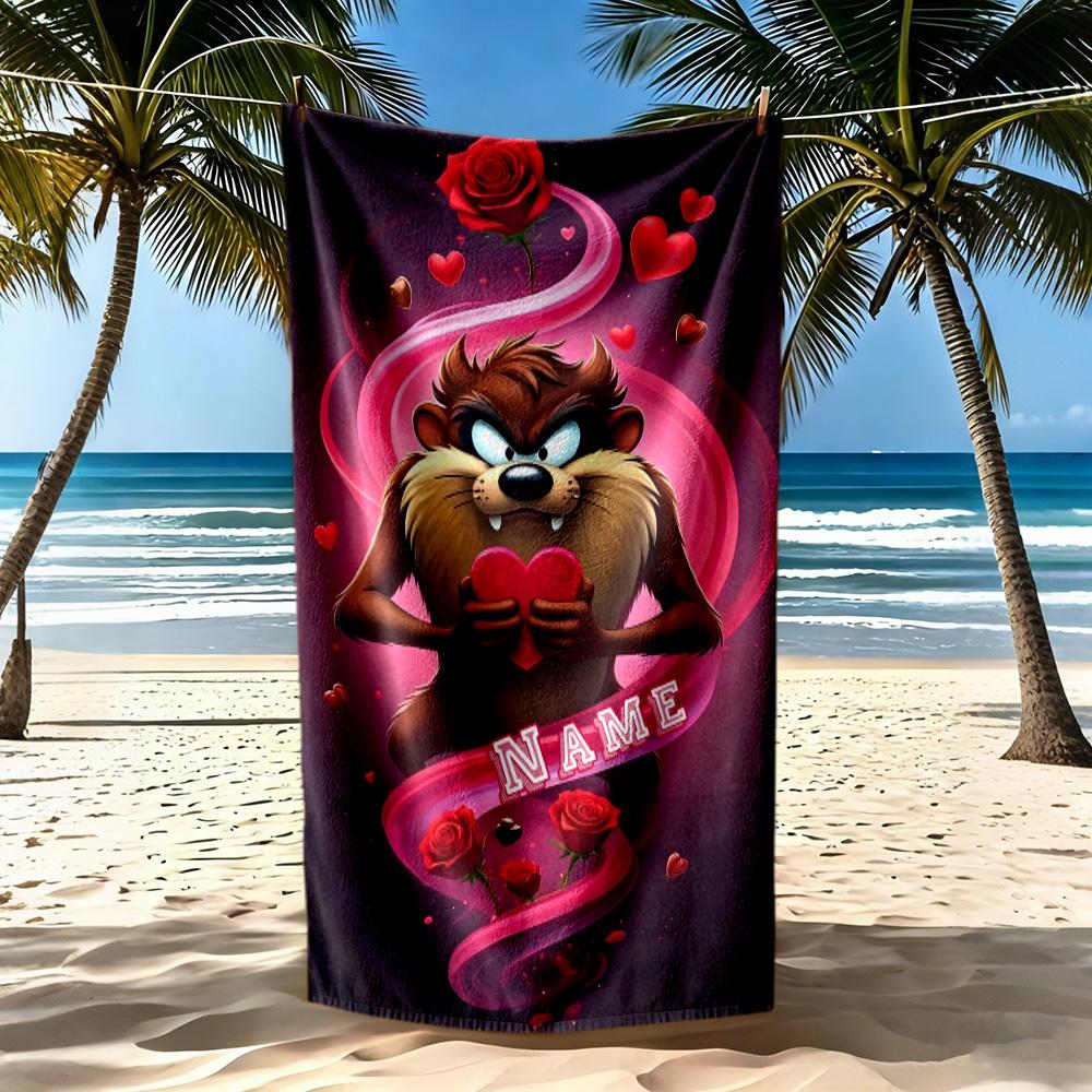 Love Tazmanian Devil Customizable Name Beach Towel Super Soft & Absorbent Perfect for Traveling Yoga Camping and Swimming