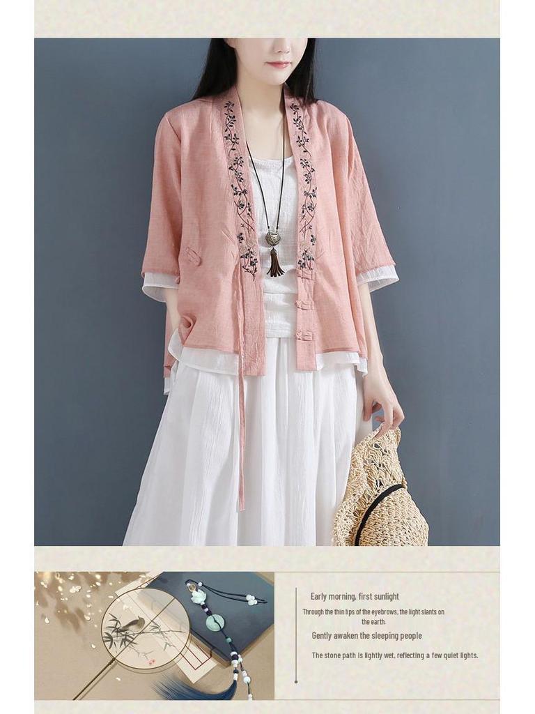 Women's V-Neck Cotton Linen Shirt - Spring/Summer 2024, Loose Fit, Large Size, Casual Short-Sleeve