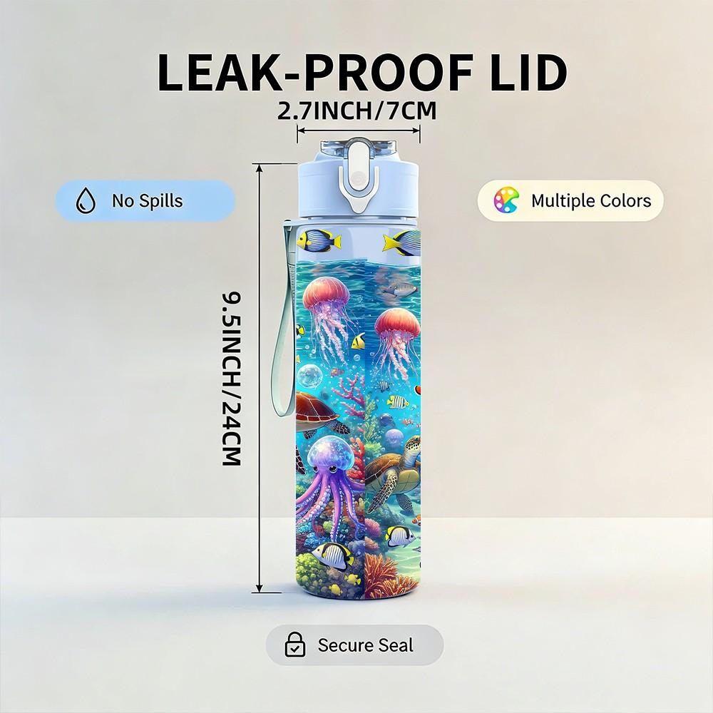 1PC Underwater Coral Fish Ocean Scene Print 750ml Color Plastic Sports Water Bottle Leakproof Flip Straw Lid Suitable for Sports Office Home Use