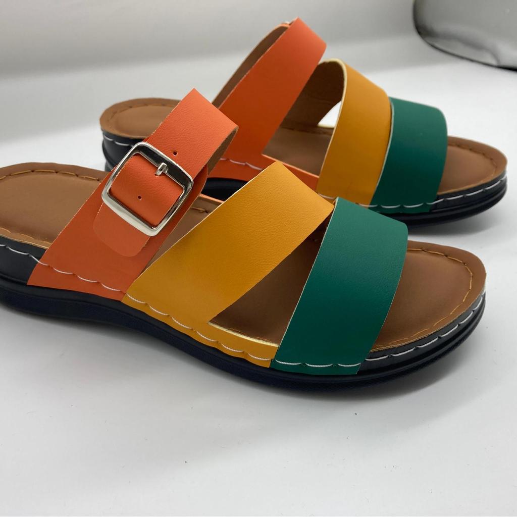 Ladies' Classic Slope Heel Sandals - Comfortable, Lightweight, Set On Style, Open Toe Design, Color Blocked Belt Buckle, Simple Slippers