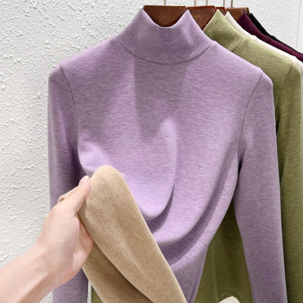 Autumn and Winter Women's Clothing Containing Wool and Silk Bottoming Shirt Women's Inner Heating Fleece Warm Turtleneck Top with Fleece and Thicker
