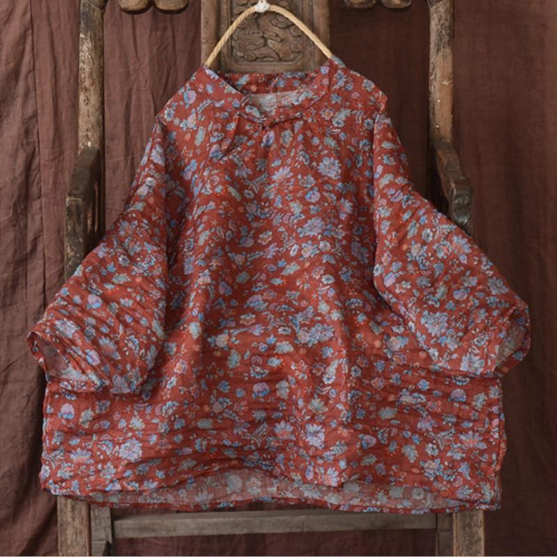 Johnature Женские рубашки рами с цветочным принтом и стойкой, топы в китайском стиле с длинными рукавами, весенняя винтажная женская одежда высокого качества