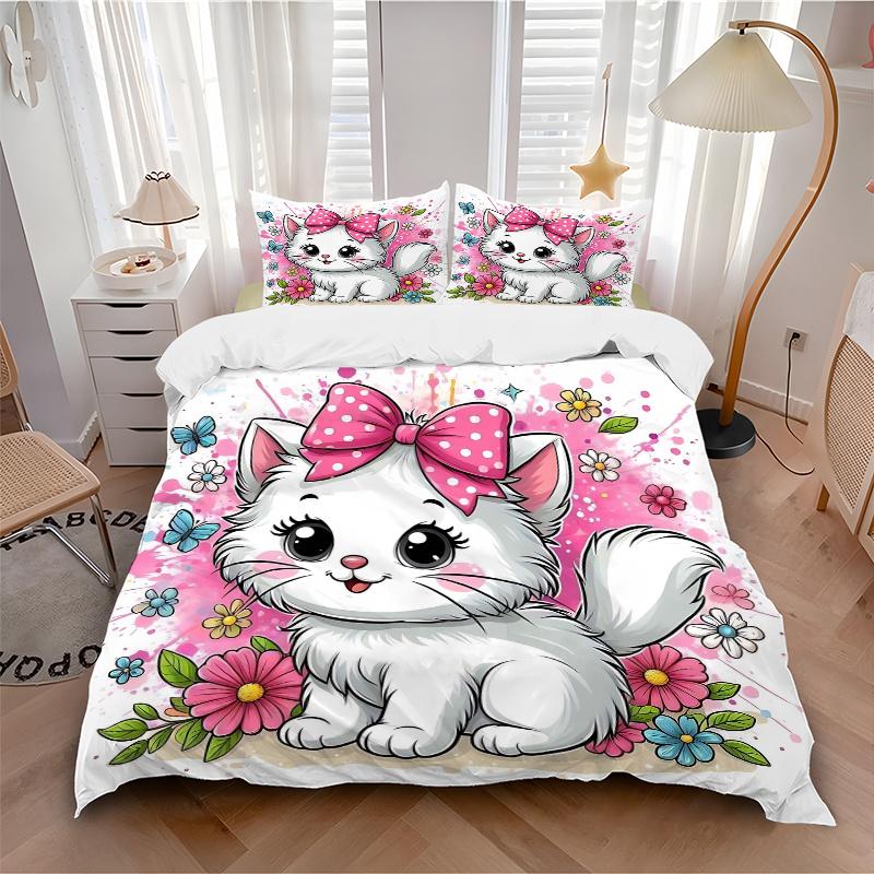 3pcs Kitten with a Bow Quilt Cover Set - Soft and Cozy Bedroom, Guest Room and Dorm Decorative Bedding 3-Piece Set 1 Quilt Cover + 2 Pillow Shams