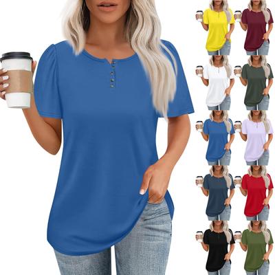 Женский модный повседневный короткий рукав пуловер с принтом на пуговицах и круглым вырезом