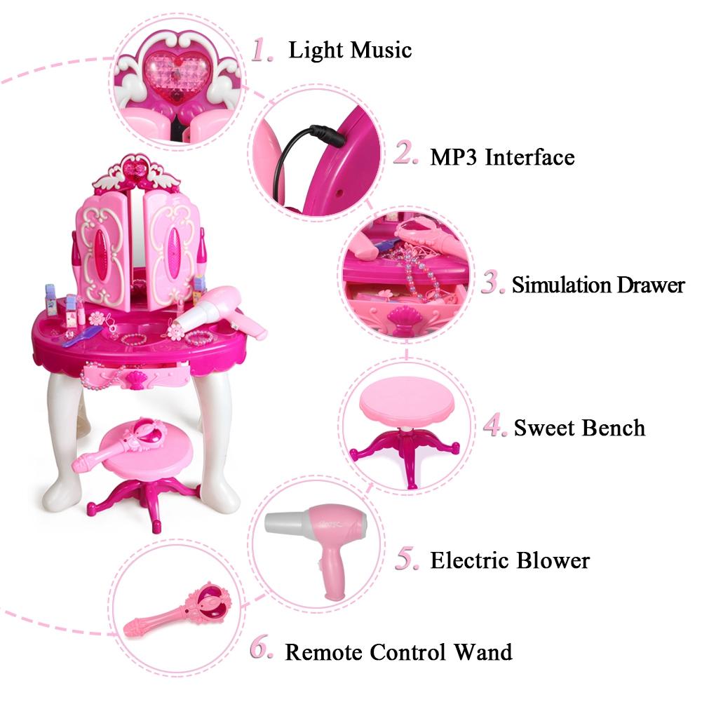 Glamorous Princess Dressing Table with Stool, Hair Dryer, Pink Make Up Table Toy